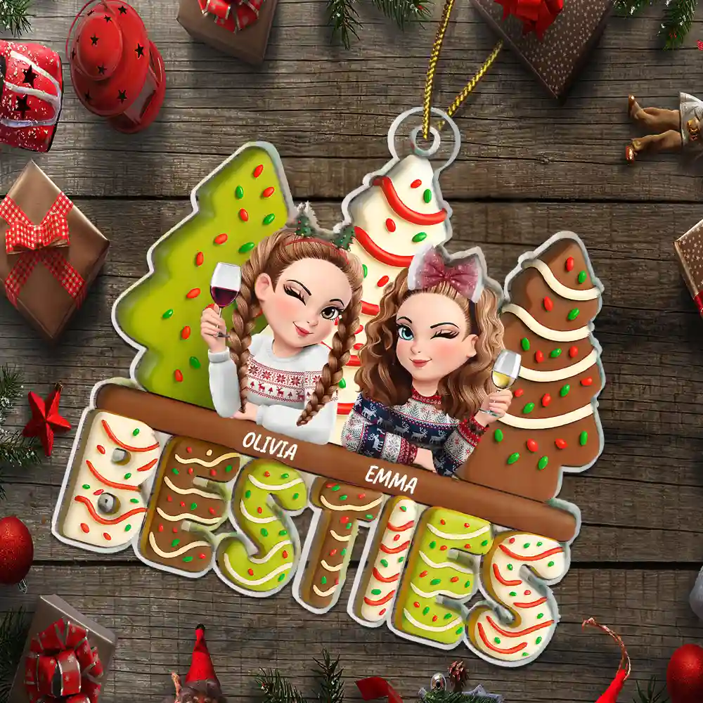 3D Effect Christmas Tree Cake Besties Sisters - Personalized Custom Shaped Acrylic Ornament - Image 5