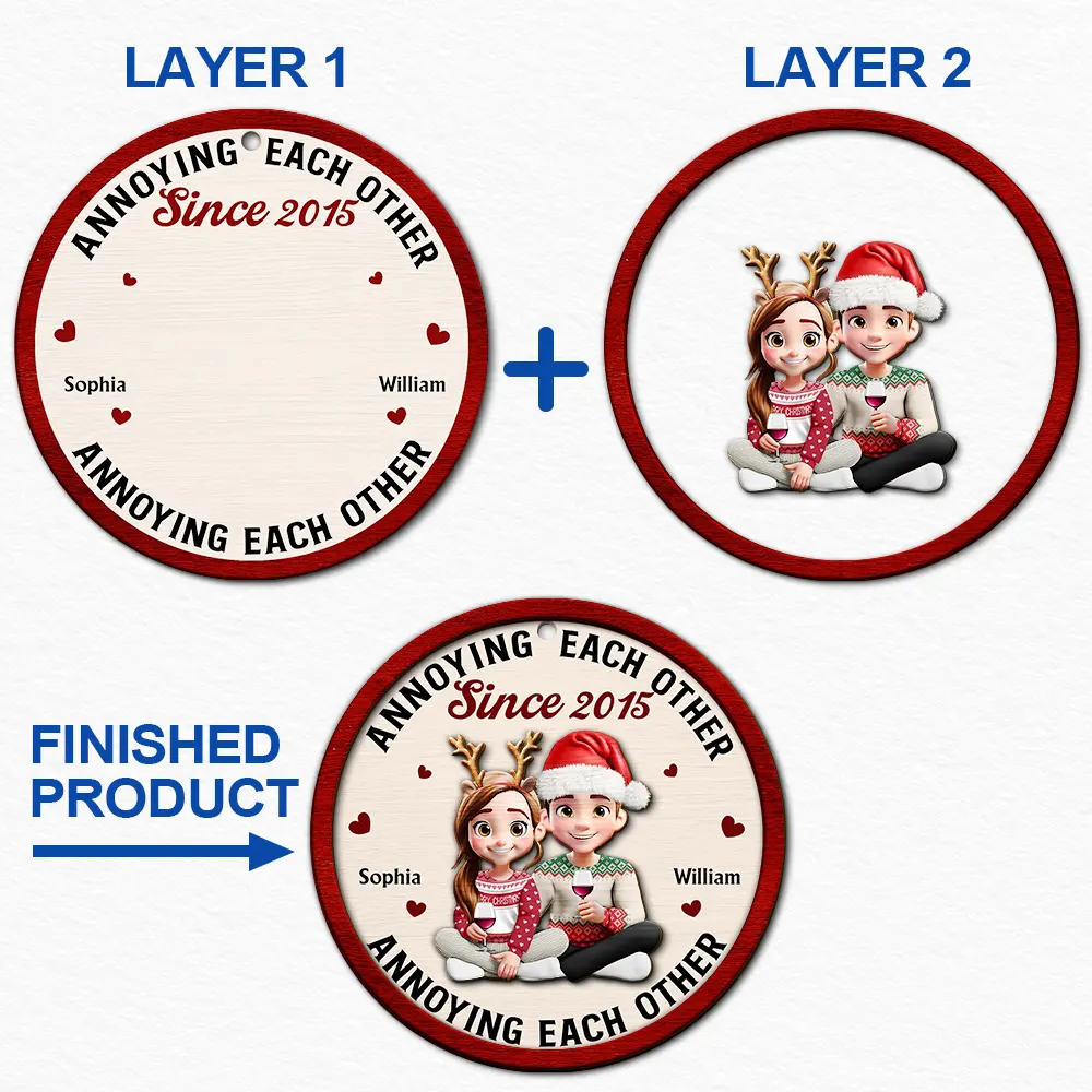 3D Effect Couple Annoying Each Other - Personalized 2-Layered Wooden Ornament - Image 7