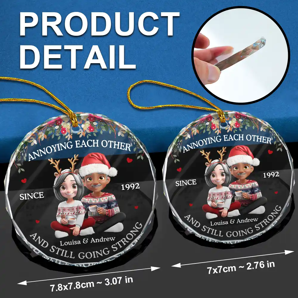 3D Effect Couple Annoying Each Other - Personalized Circle Glass Ornament - Image 6