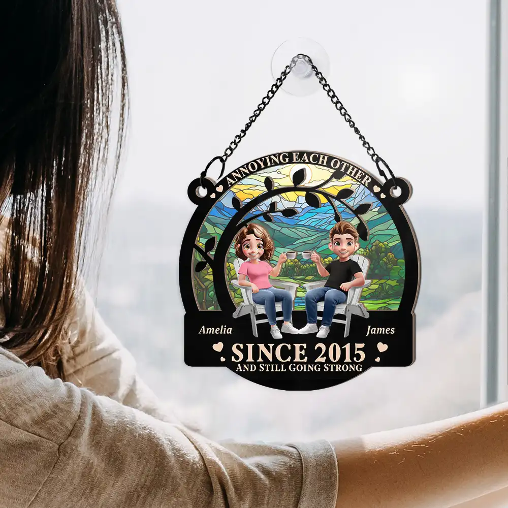 3D Effect Couple Annoying Each Other - Personalized Window Hanging Suncatcher Ornament - Image 3