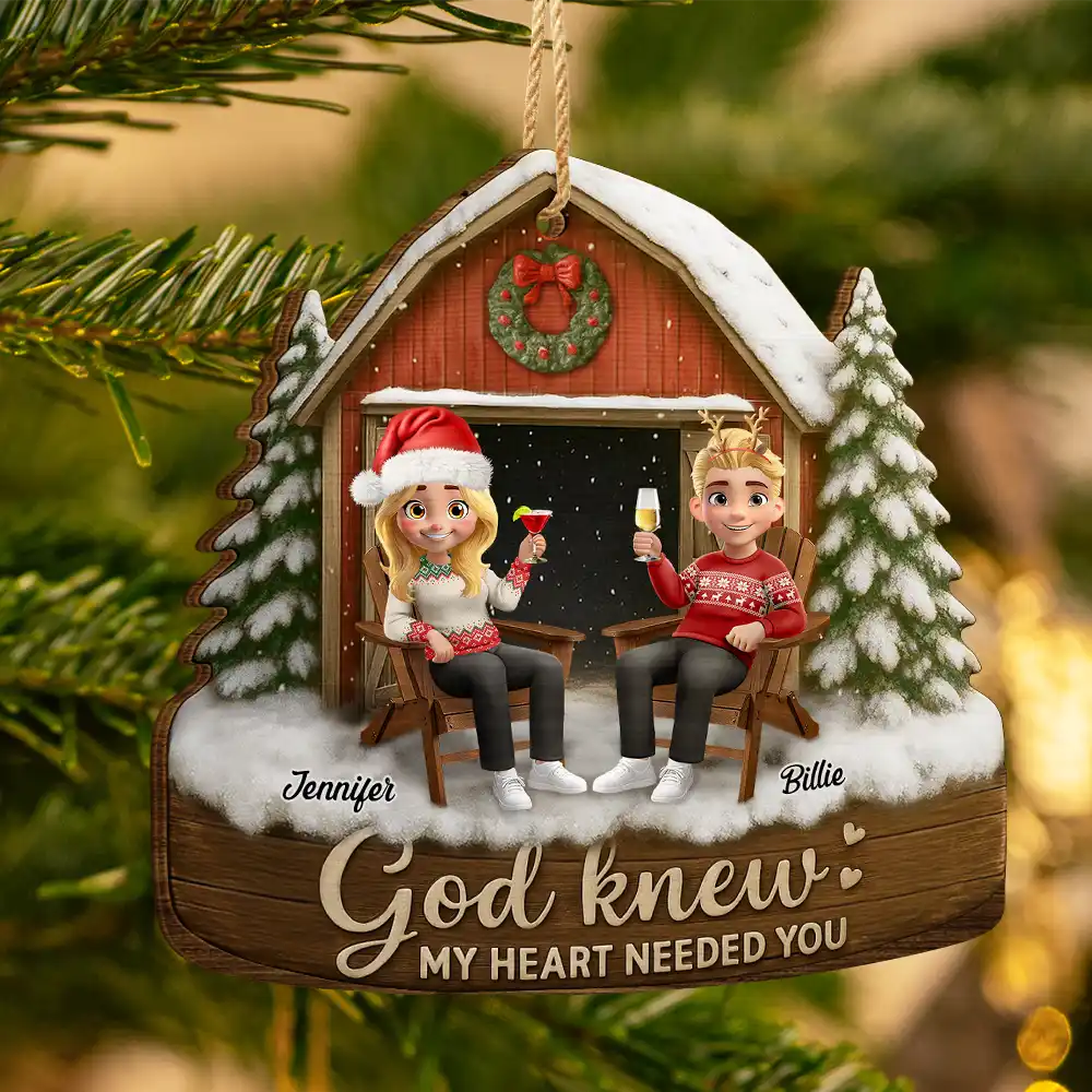 3D Effect Couple God Knew My Heart Needed You - Personalized Custom Shaped Wooden Ornament - Image 3