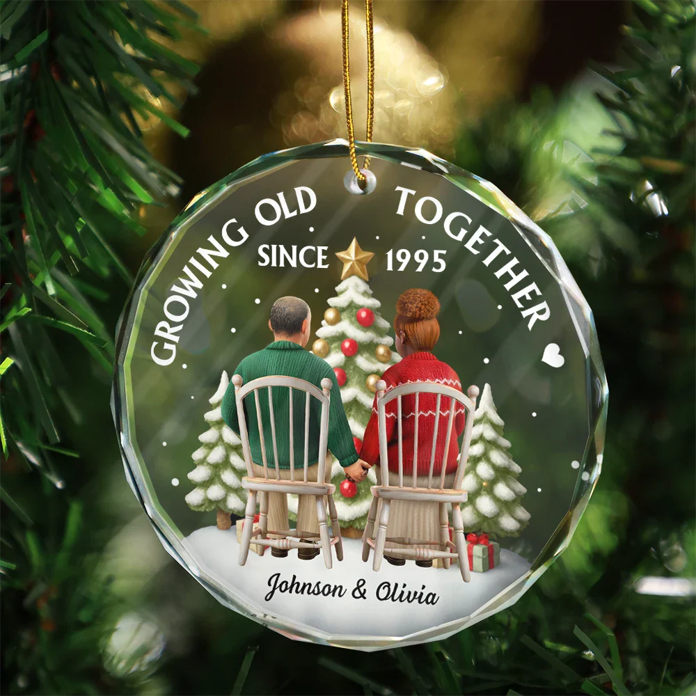 3D Effect Couple Growing Old Together - Personalized Circle Glass Ornament - Image 3