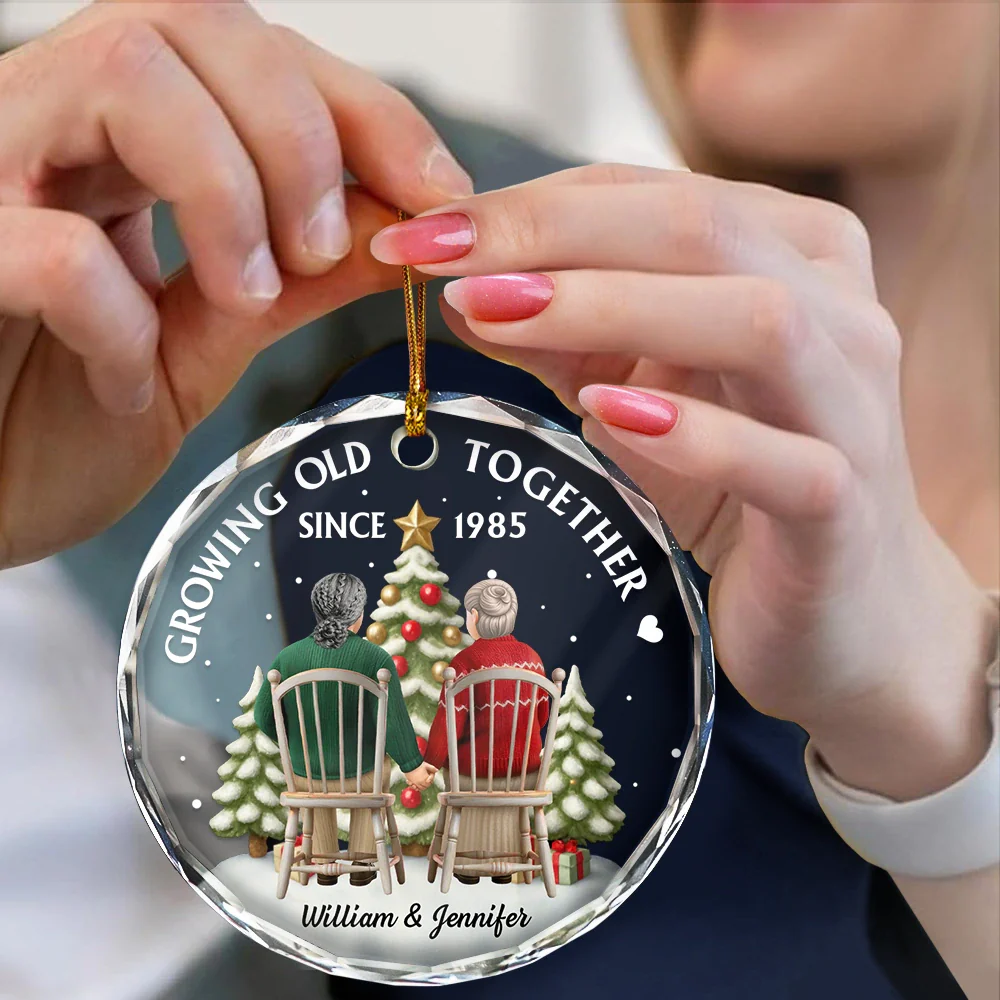 3D Effect Couple Growing Old Together - Personalized Circle Glass Ornament - Image 4