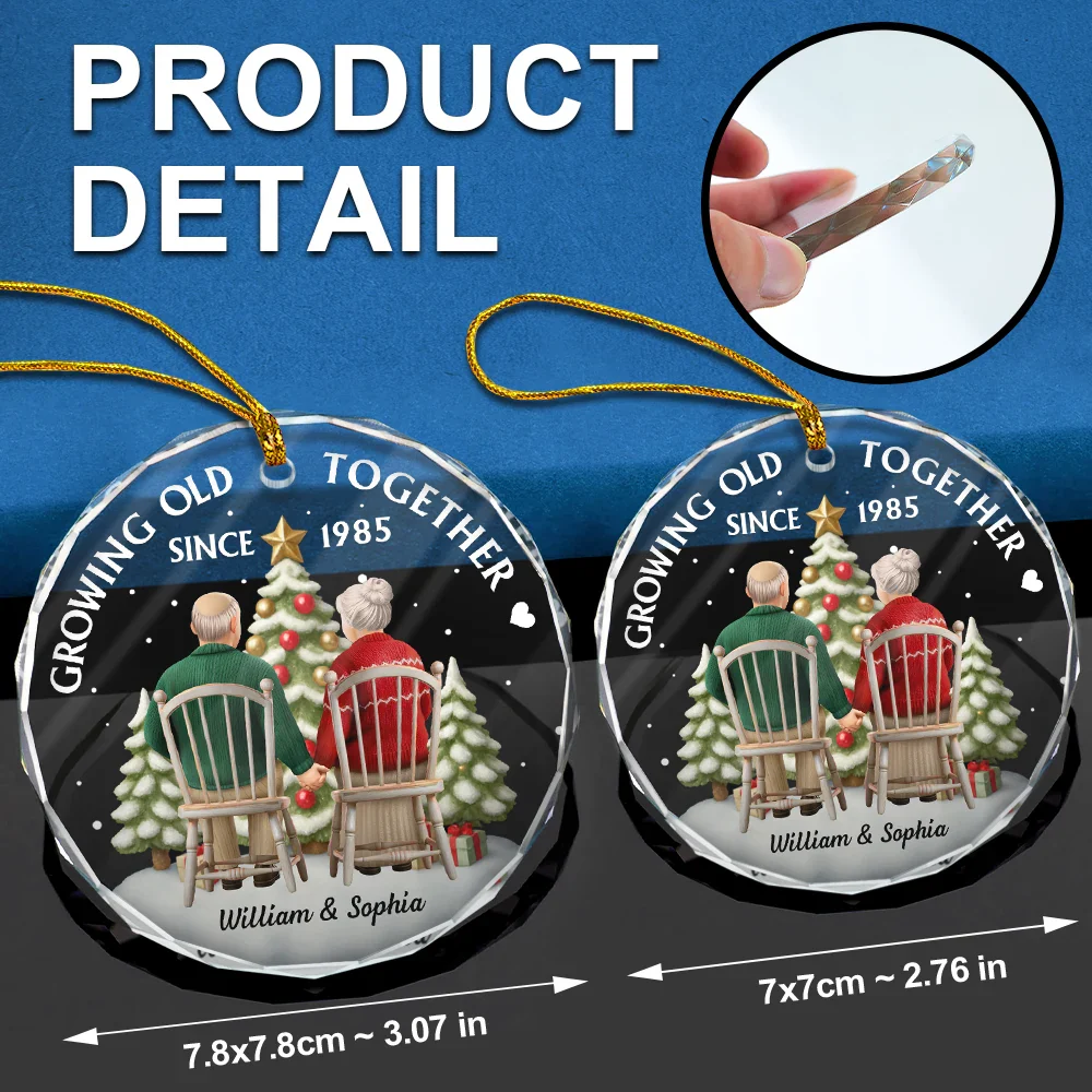 3D Effect Couple Growing Old Together - Personalized Circle Glass Ornament - Image 6