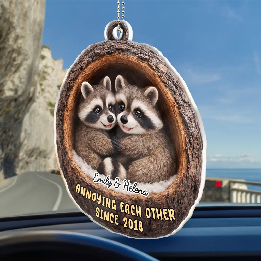 3D Effect Couple Raccoon Annoying Each Other - Personalized Acrylic Car Hanger - Image 2