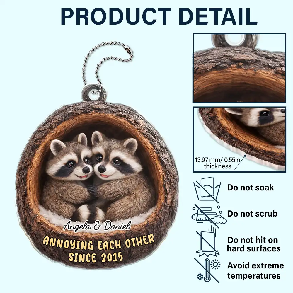 3D Effect Couple Raccoon Annoying Each Other - Personalized Acrylic Car Hanger - Image 5