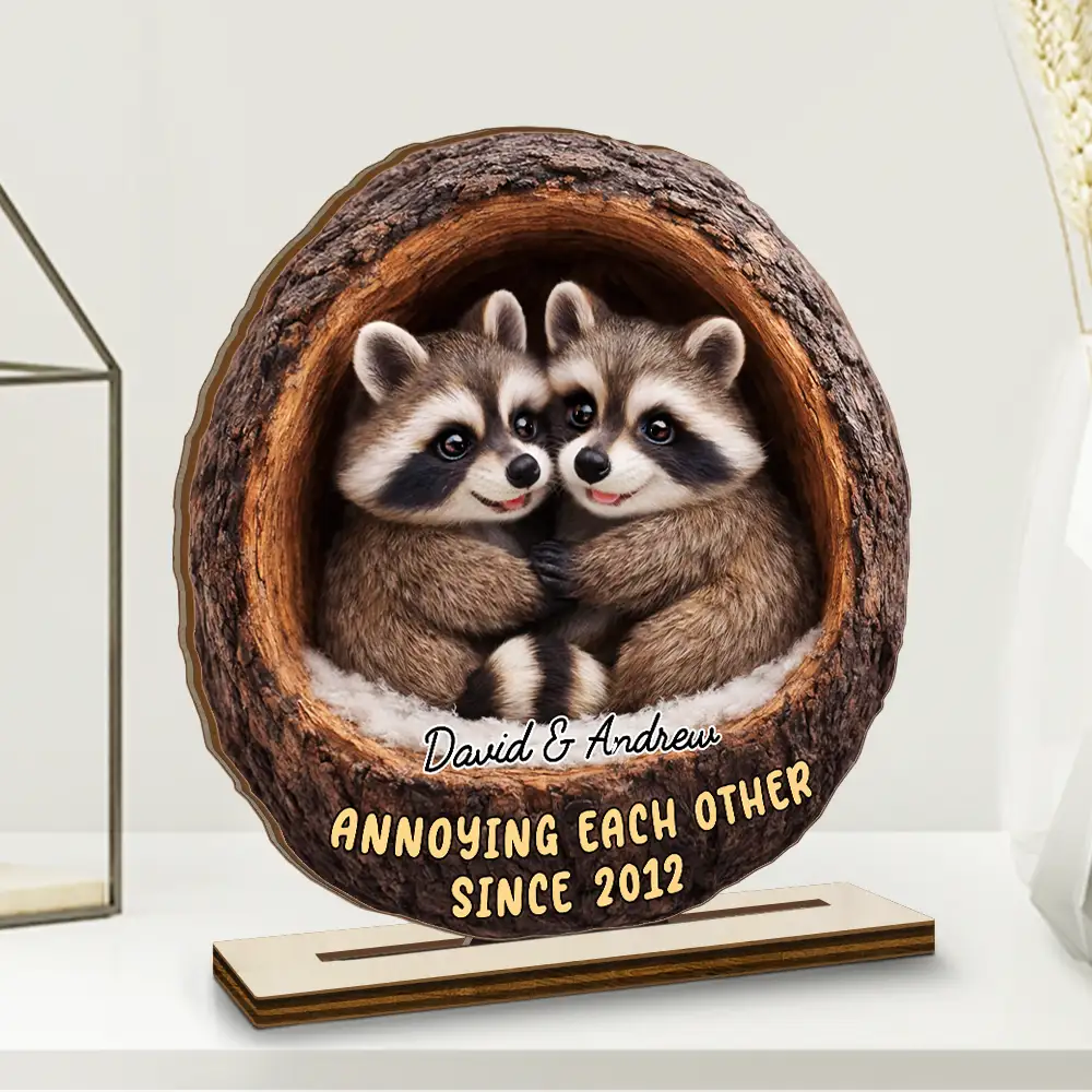 3D Effect Couple Raccoon Annoying Each Other - Personalized Custom Shaped 2-Layered Wooden Plaque - Image 2