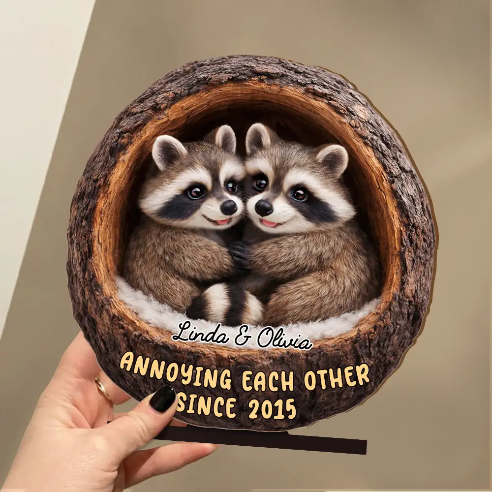 3D Effect Couple Raccoon Annoying Each Other - Personalized Custom Shaped 2-Layered Wooden Plaque - Image 3