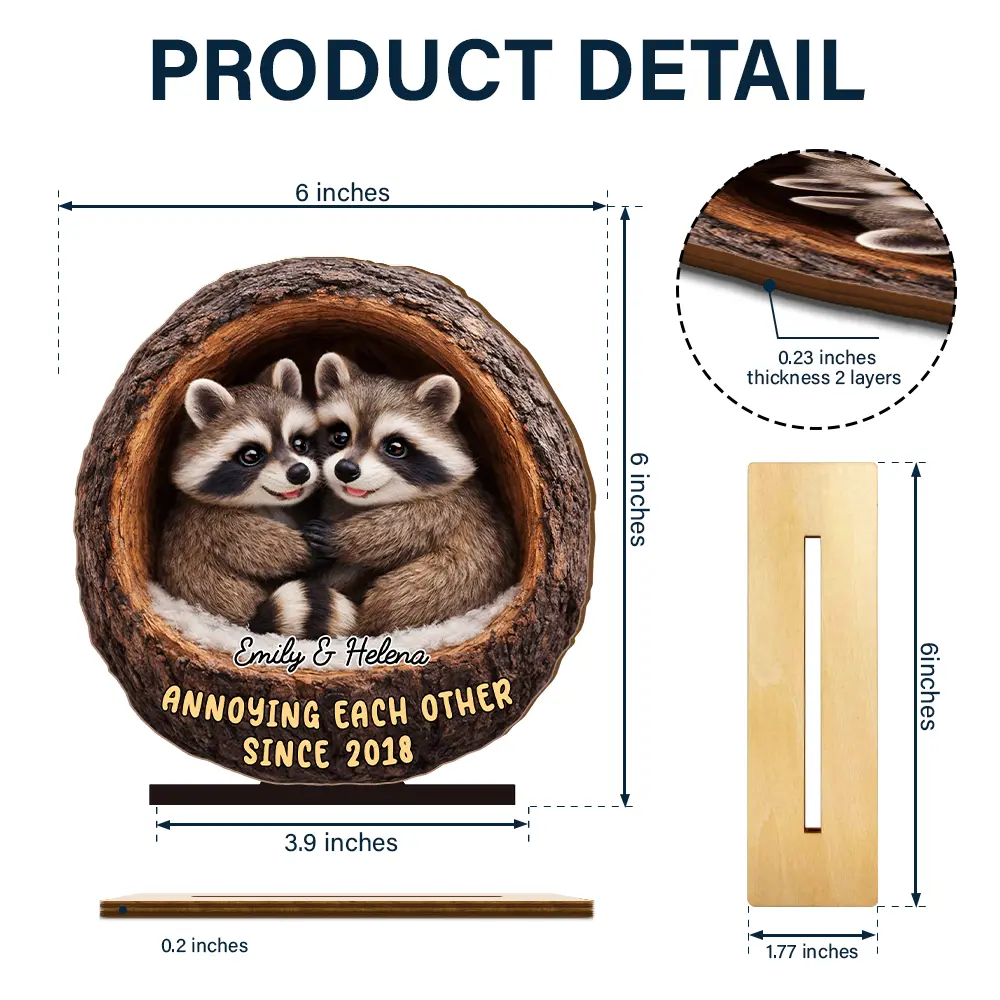 3D Effect Couple Raccoon Annoying Each Other - Personalized Custom Shaped 2-Layered Wooden Plaque - Image 4