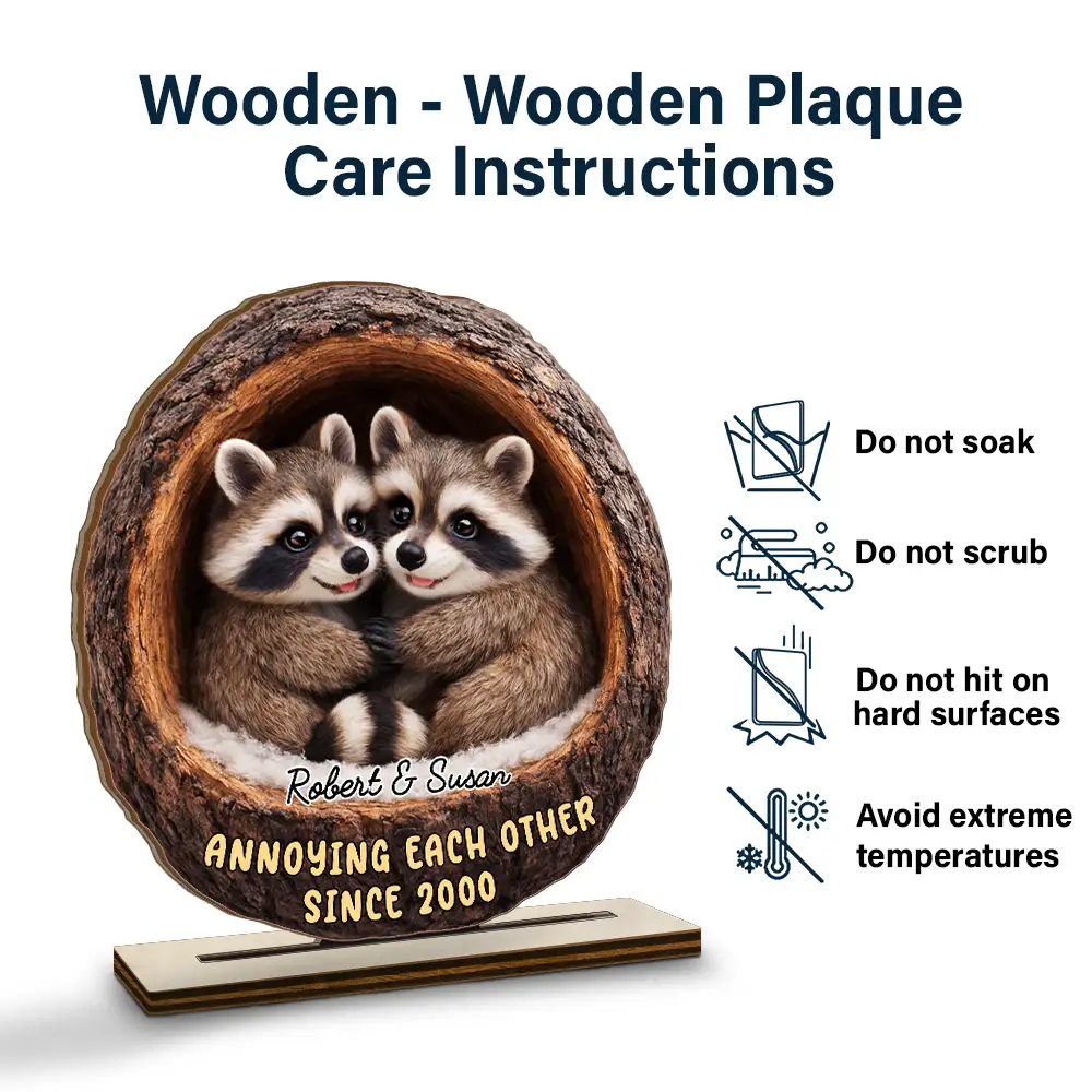 3D Effect Couple Raccoon Annoying Each Other - Personalized Custom Shaped 2-Layered Wooden Plaque - Image 5