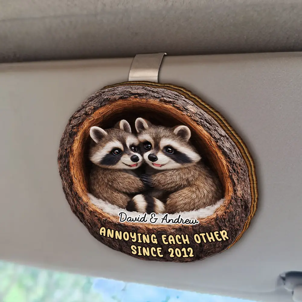 3D Effect Couple Raccoon Annoying Each Other - Personalized Custom Shaped Car Visor Clip - Image 2
