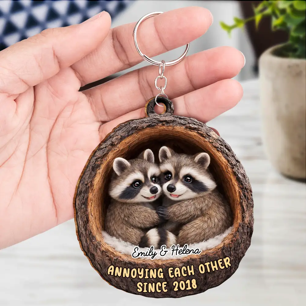 3D Effect Couple Raccoon Annoying Each Other - Personalized Wooden Keychain - Image 4