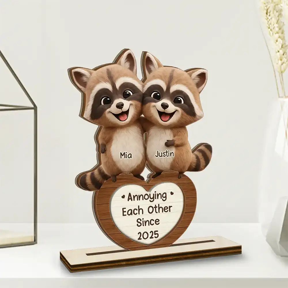 3D Effect Couple Raccoon You're Weird I'll Keep You - Personalized Custom Shaped 2-Layered Wooden Plaque - Image 2