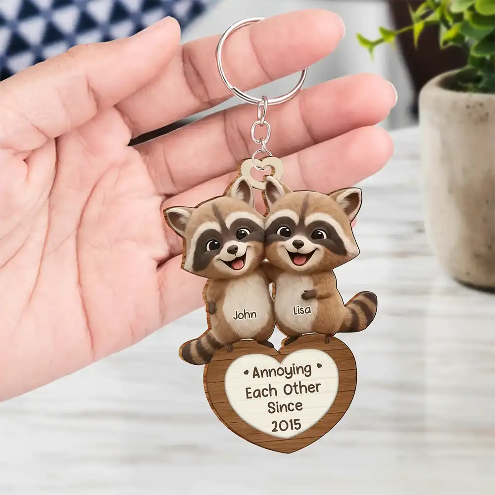 3D Effect Couple Raccoon You're Weird I'll Keep You - Personalized Wooden Keychain - Image 4