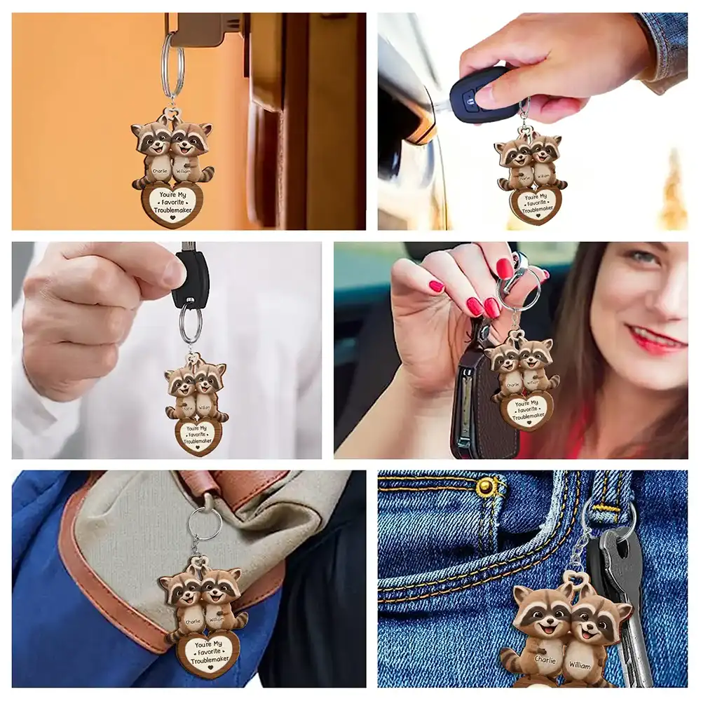 3D Effect Couple Raccoon You're Weird I'll Keep You - Personalized Wooden Keychain - Image 6