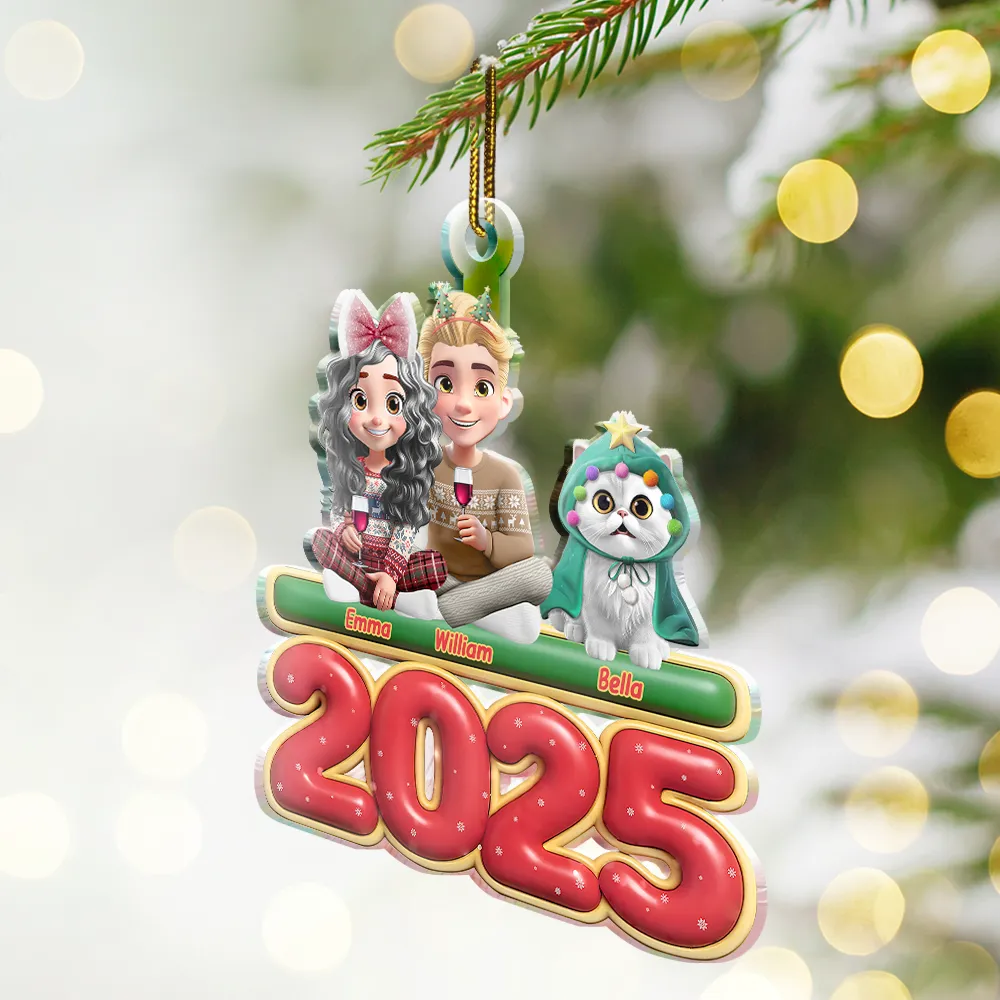 3D Effect Couple Sitting With Cats - Personalized Custom Shaped Acrylic Ornament - Image 2