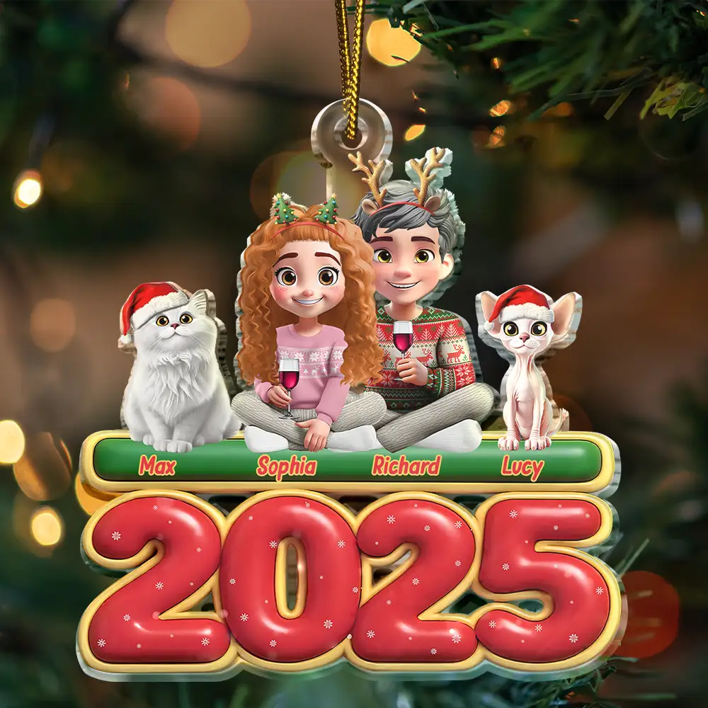 3D Effect Couple Sitting With Cats - Personalized Custom Shaped Acrylic Ornament - Image 3