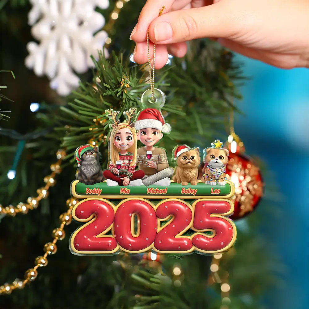 3D Effect Couple Sitting With Cats - Personalized Custom Shaped Acrylic Ornament - Image 4