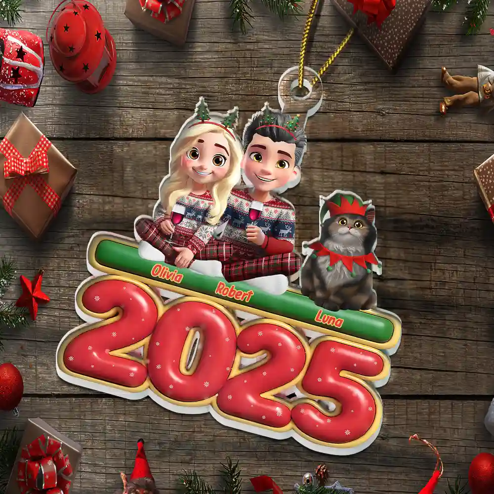 3D Effect Couple Sitting With Cats - Personalized Custom Shaped Acrylic Ornament - Image 5