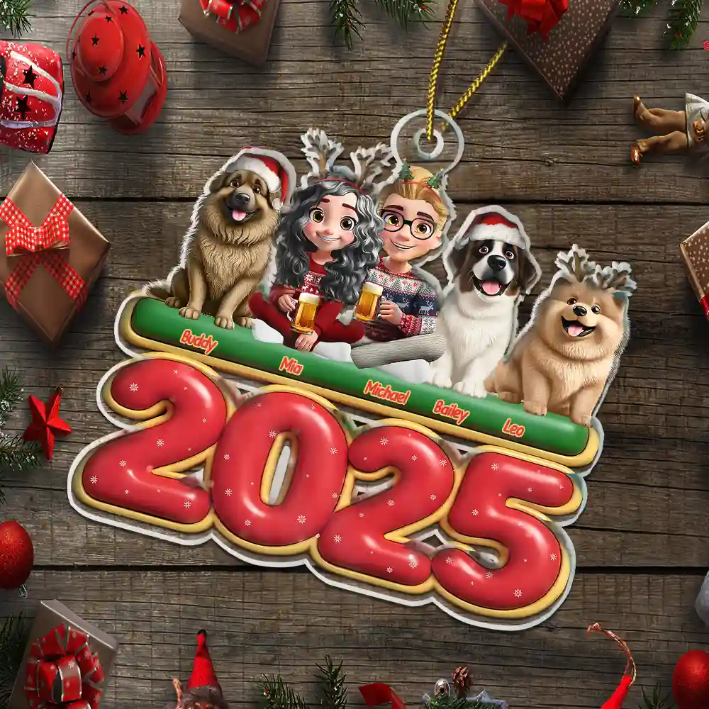 3D Effect Couple Sitting With Dogs - Personalized Custom Shaped Acrylic Ornament - Image 5