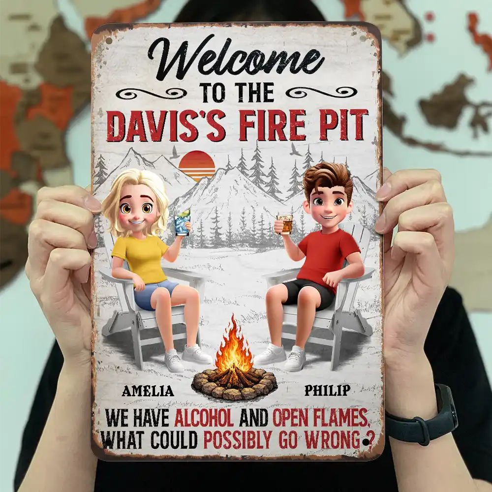 3D Effect Couple Welcome To Our Fire Pit - Personalized Classic Metal Signs - Image 3