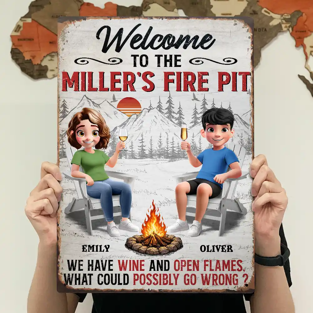 3D Effect Couple Welcome To Our Fire Pit - Personalized Classic Metal Signs - Image 4