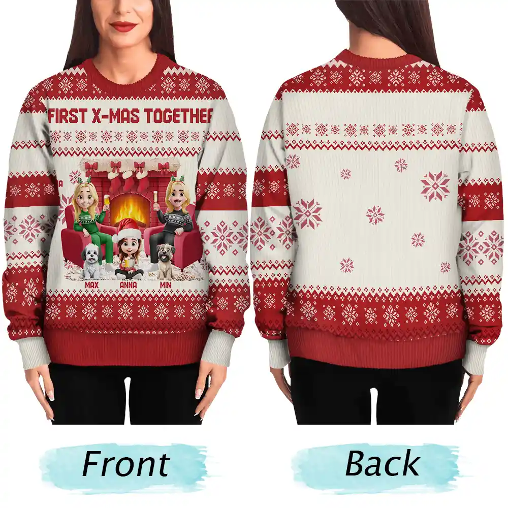 3D Effect Couple With Kids And Pets - Personalized Unisex Ugly Sweater - Image 5