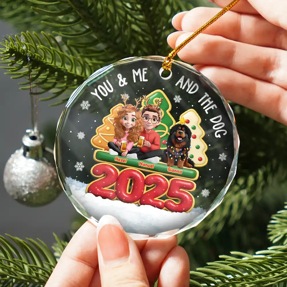 3D Effect Couple You And Me And The Dogs - Personalized Circle Glass Ornament - Image 2