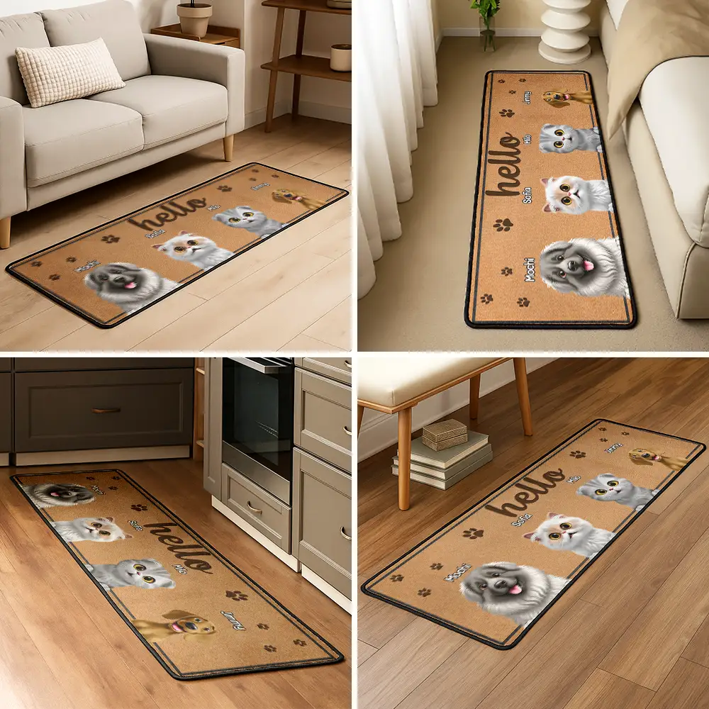 3D Effect Dog Cat Hello Welcome To Our Home - Personalized Runner Rug - Image 5