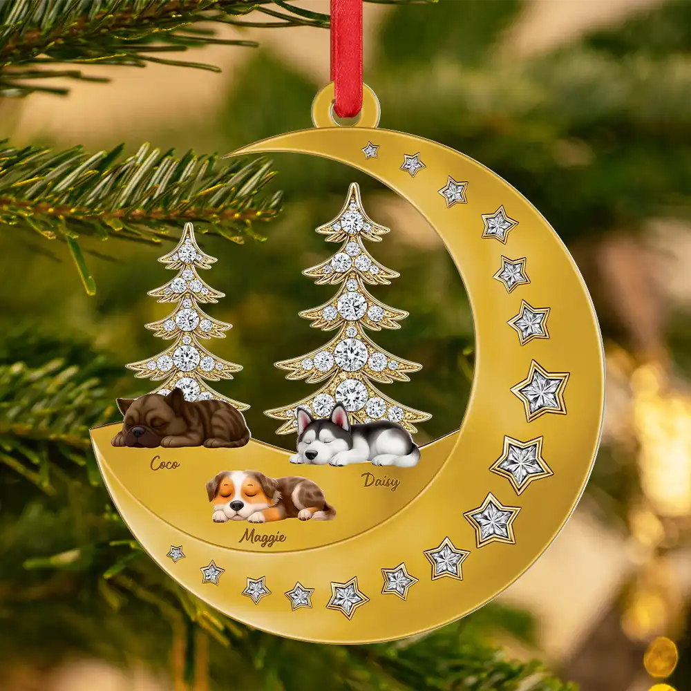 3D Effect Dog Lying On The Moon Printed Gemstones Art - Personalized Metal Ornament - Image 3