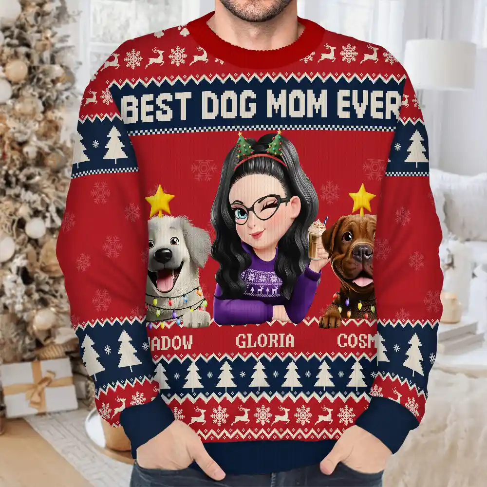 3D Effect Dog Mom Christmas - Personalized Unisex Ugly Sweater - Image 3