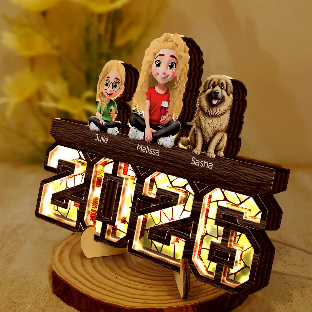 3D Effect Family And Dog Cat - Personalized LED Light Wooden Plaque - Image 2