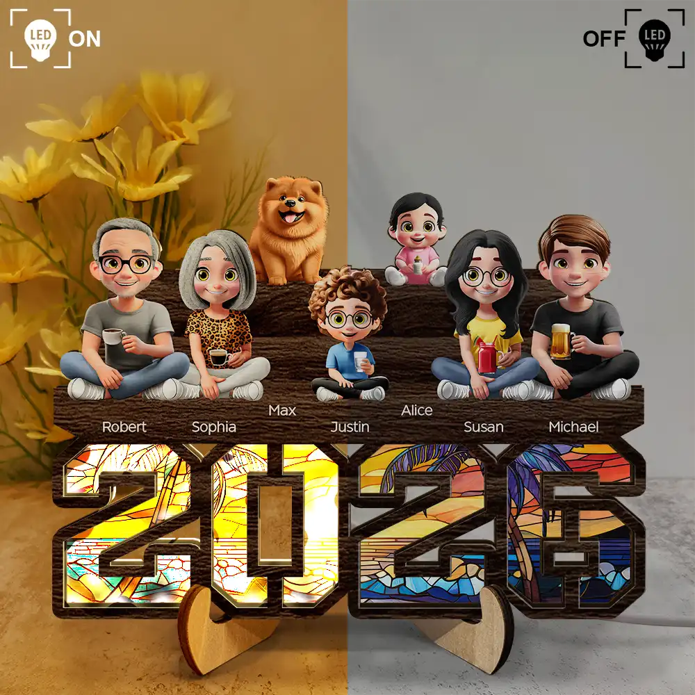 3D Effect Family And Dog Cat - Personalized LED Light Wooden Plaque - Image 3