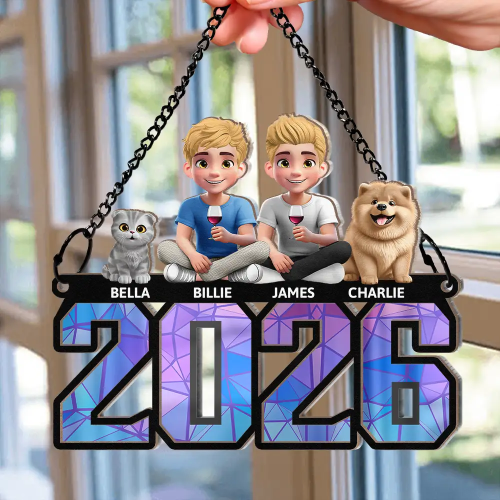 3D Effect Family And Dog Cat - Personalized Window Hanging Suncatcher Ornament - Image 2