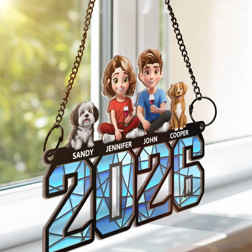 3D Effect Family And Dog Cat - Personalized Window Hanging Suncatcher Ornament - Image 3