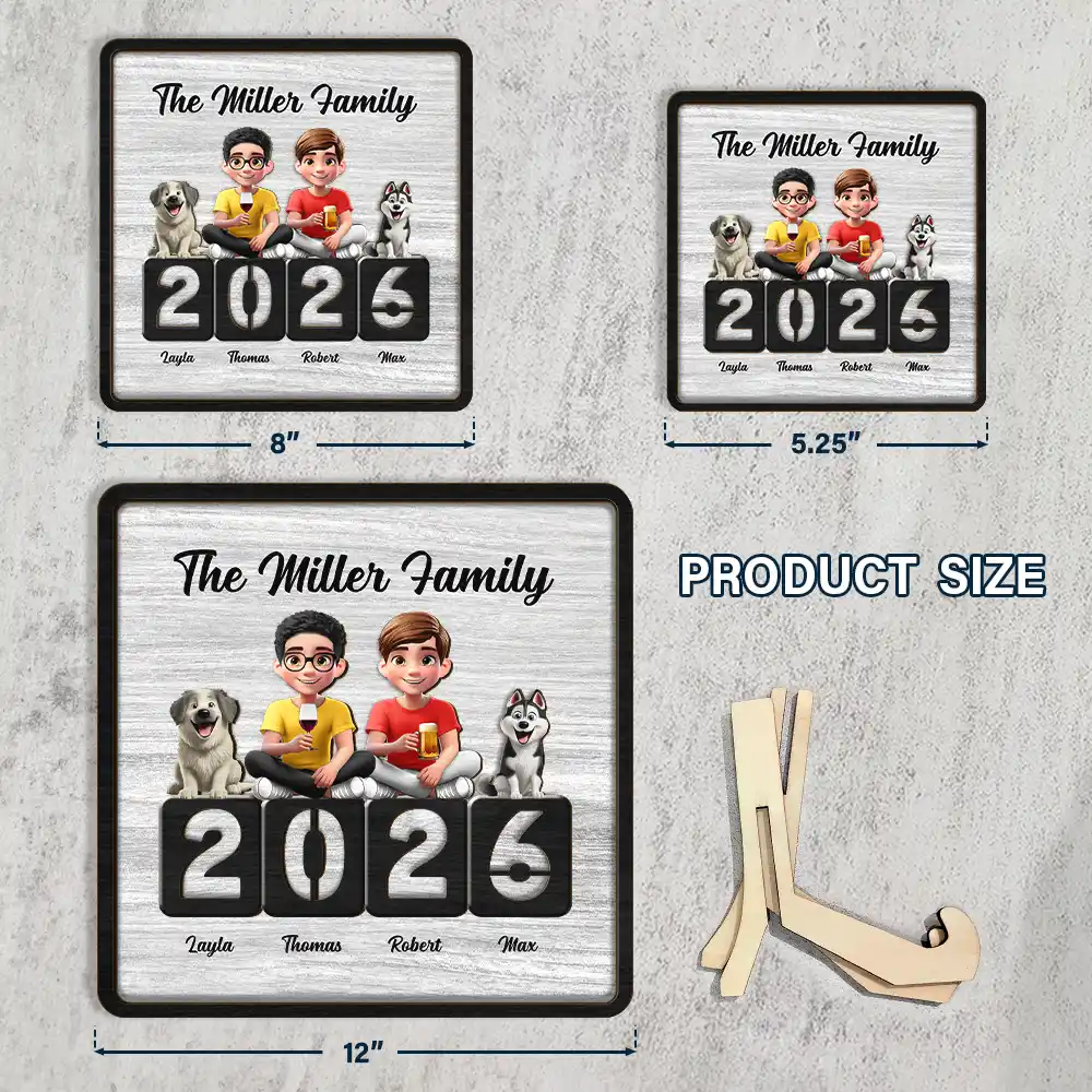 3D Effect Family Sitting Together - Personalized 2-Layered Wooden Plaque With Stand - Image 4