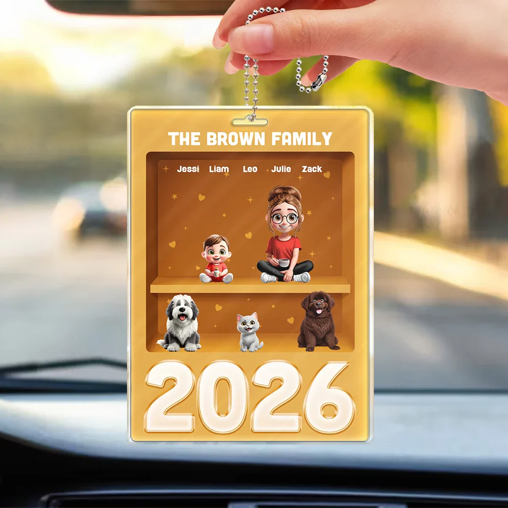 3D Effect Family Sitting Together - Personalized Acrylic Car Hanger - Image 3