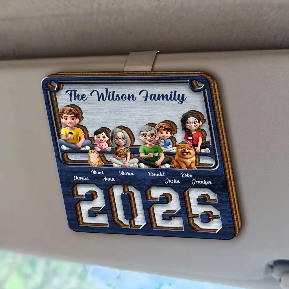 3D Effect Family Sitting Together - Personalized Custom Shaped Car Visor Clip - Image 2