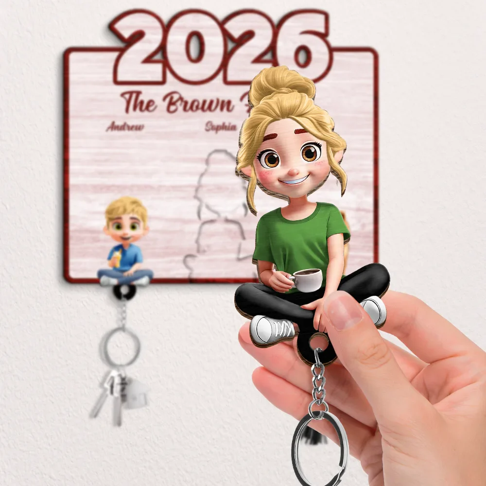 3D Effect Family Sitting Together - Personalized Custom Shaped Key Holder - Image 2