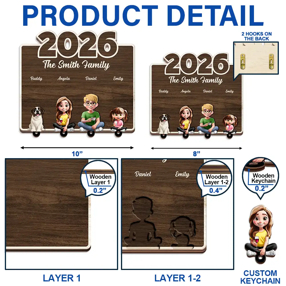3D Effect Family Sitting Together - Personalized Custom Shaped Key Holder - Image 5