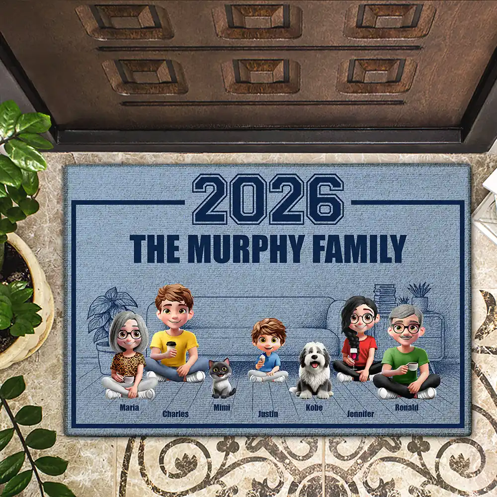 3D Effect Family Sitting Together - Personalized Doormat - Image 2