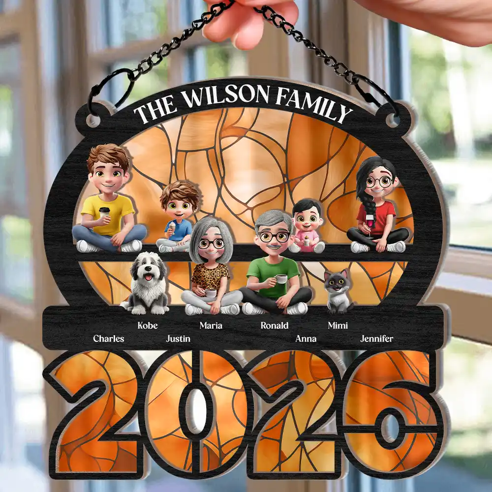 3D Effect Family Sitting Together - Personalized Window Hanging Suncatcher Ornament - Image 2