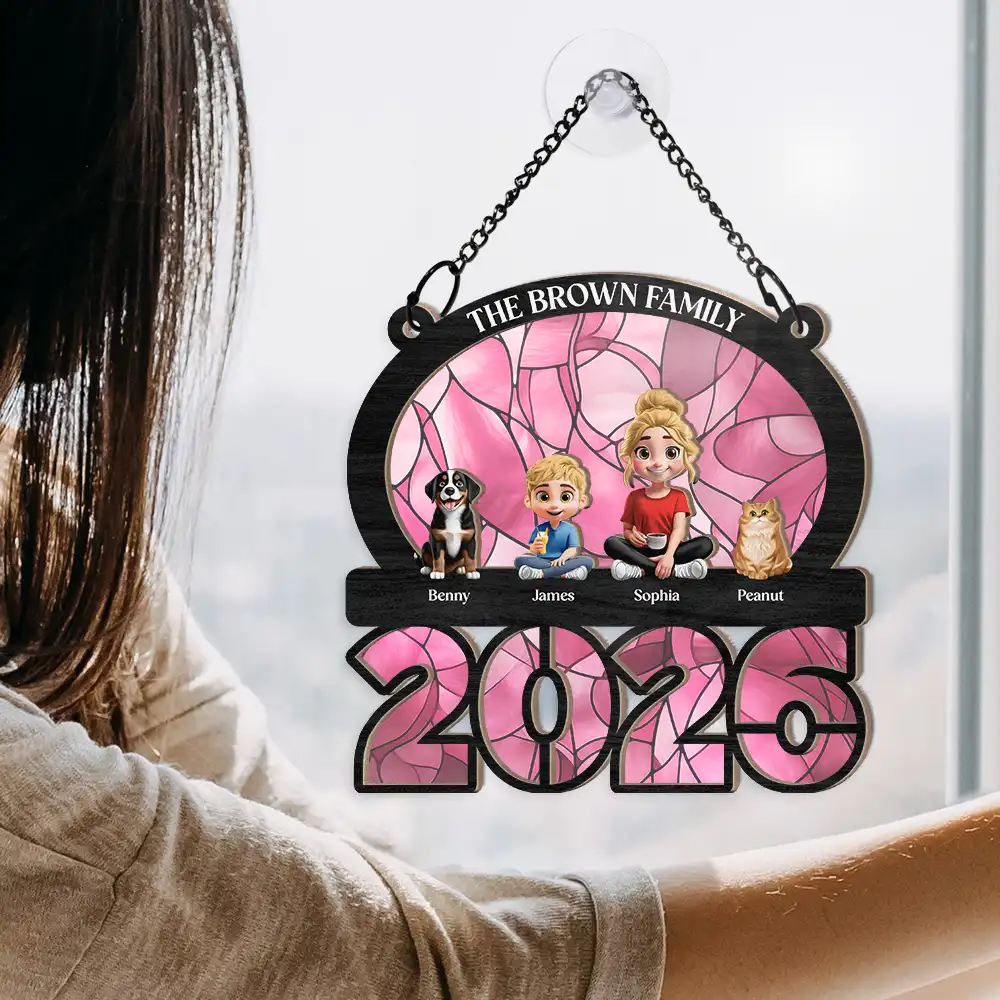 3D Effect Family Sitting Together - Personalized Window Hanging Suncatcher Ornament - Image 4