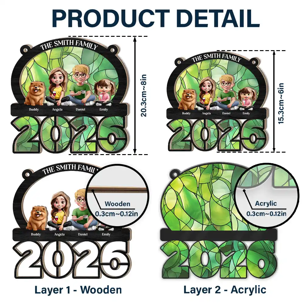 3D Effect Family Sitting Together - Personalized Window Hanging Suncatcher Ornament - Image 5