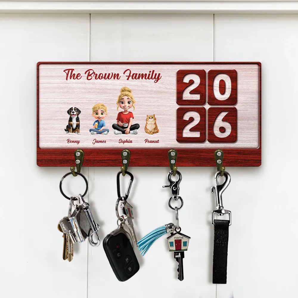 3D Effect Family Sitting Together - Personalized Wood Key Holder - Image 2