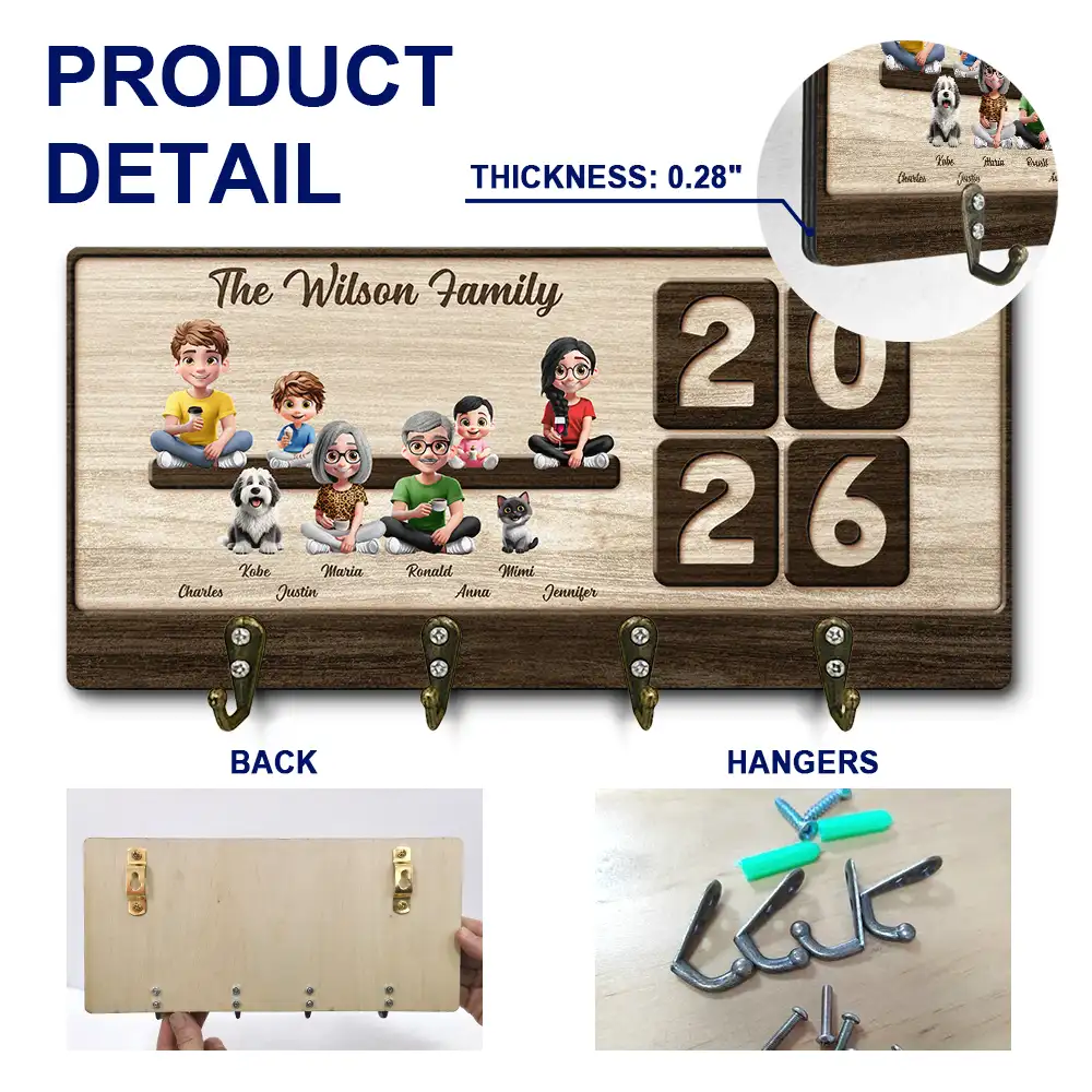 3D Effect Family Sitting Together - Personalized Wood Key Holder - Image 5
