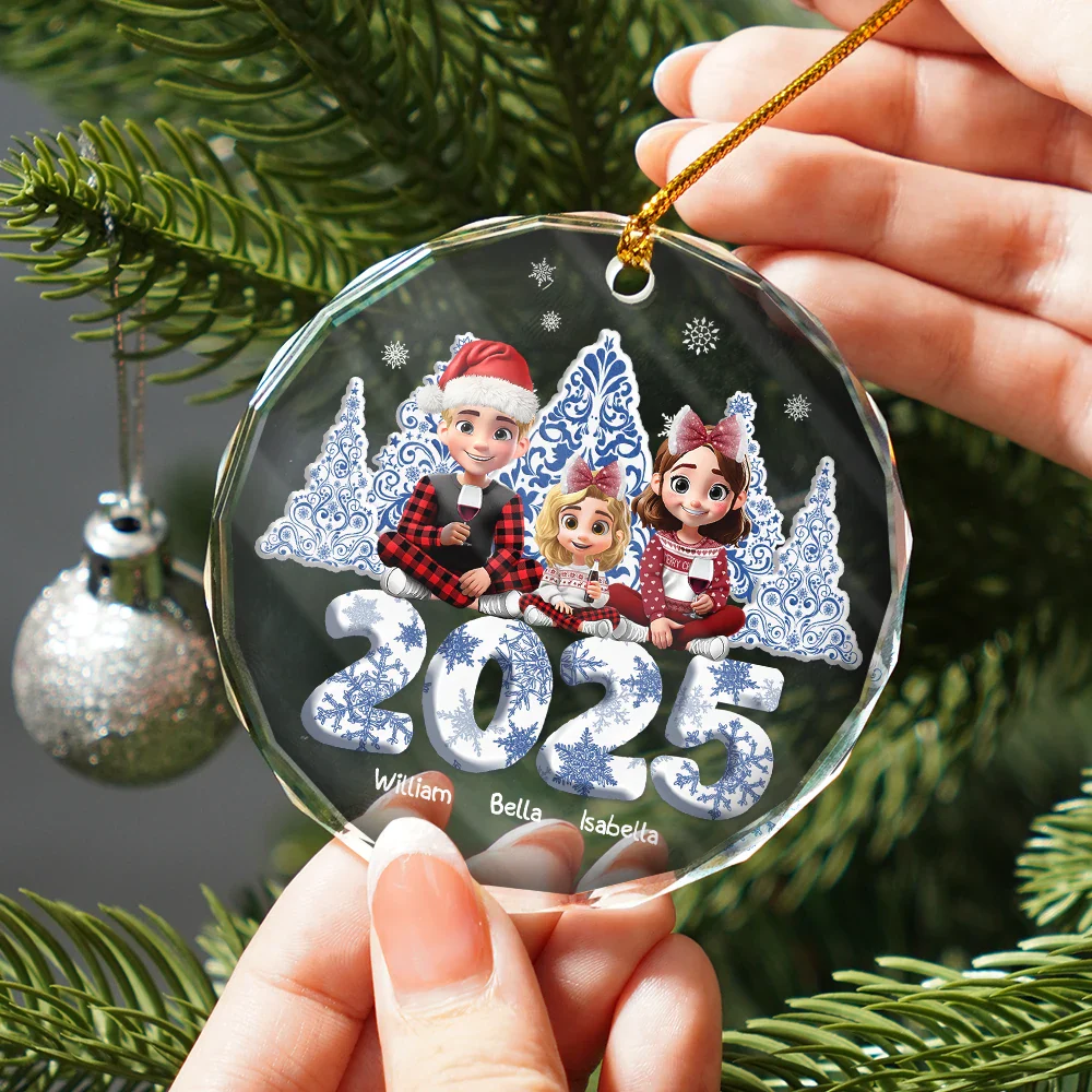 3D Effect Family Toile De Jouy Christmas Trees For Parent, Kid, Baby - Personalized Circle Glass Ornament - Image 2