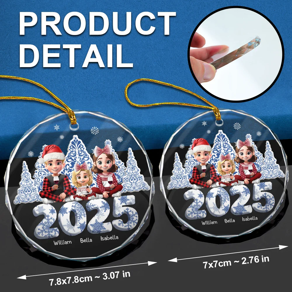 3D Effect Family Toile De Jouy Christmas Trees For Parent, Kid, Baby - Personalized Circle Glass Ornament - Image 6