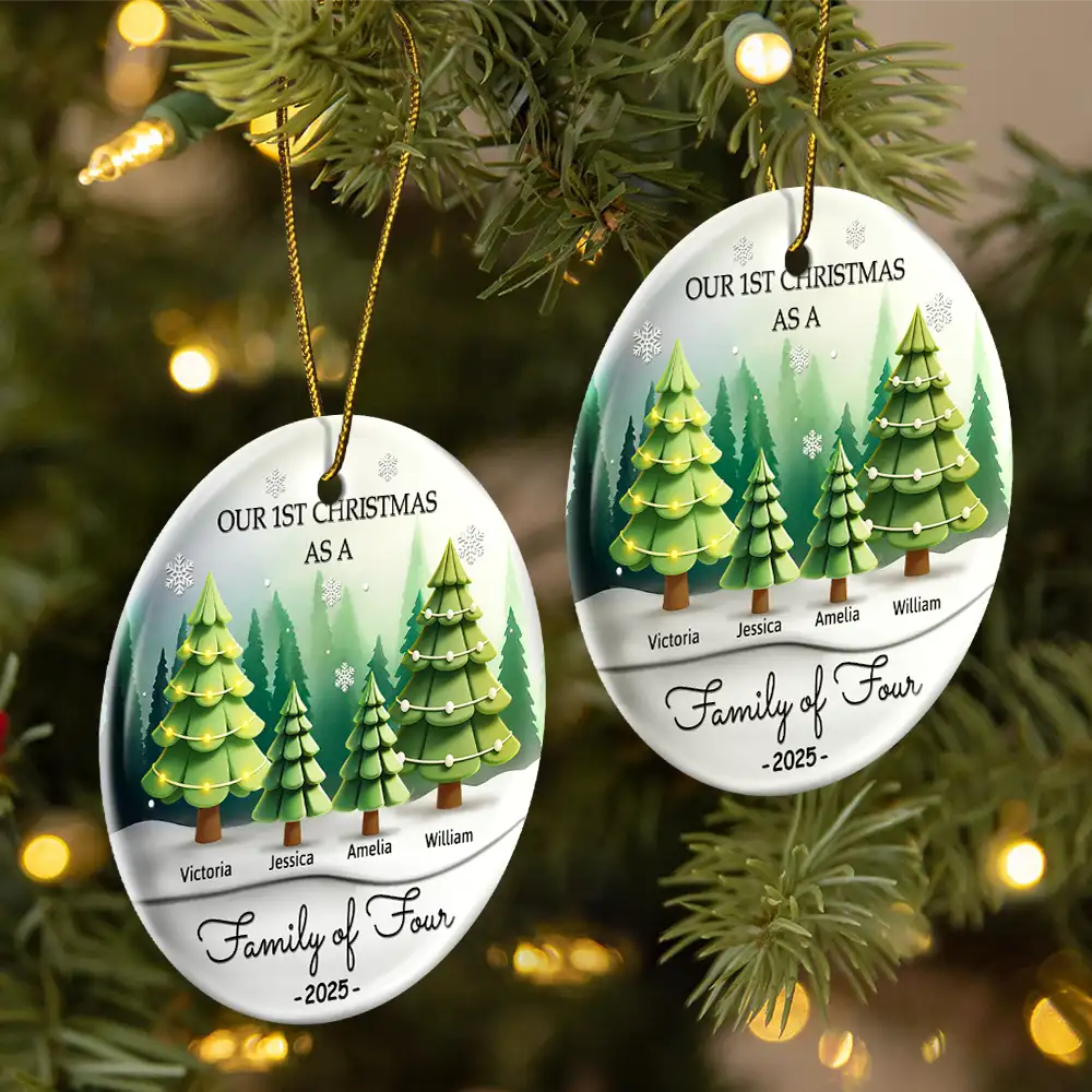 3D Effect First Christmas As A Family Of Three - Personalized Circle Ceramic Ornament - Image 2
