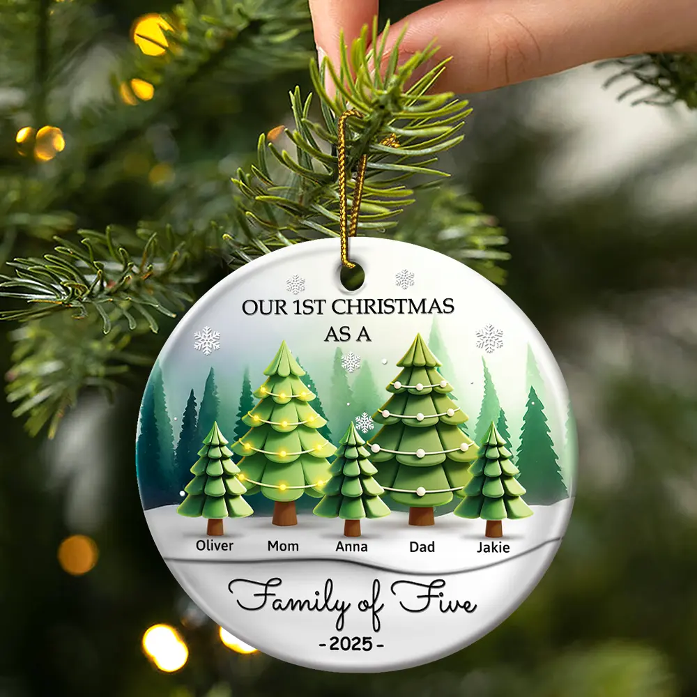 3D Effect First Christmas As A Family Of Three - Personalized Circle Ceramic Ornament - Image 3